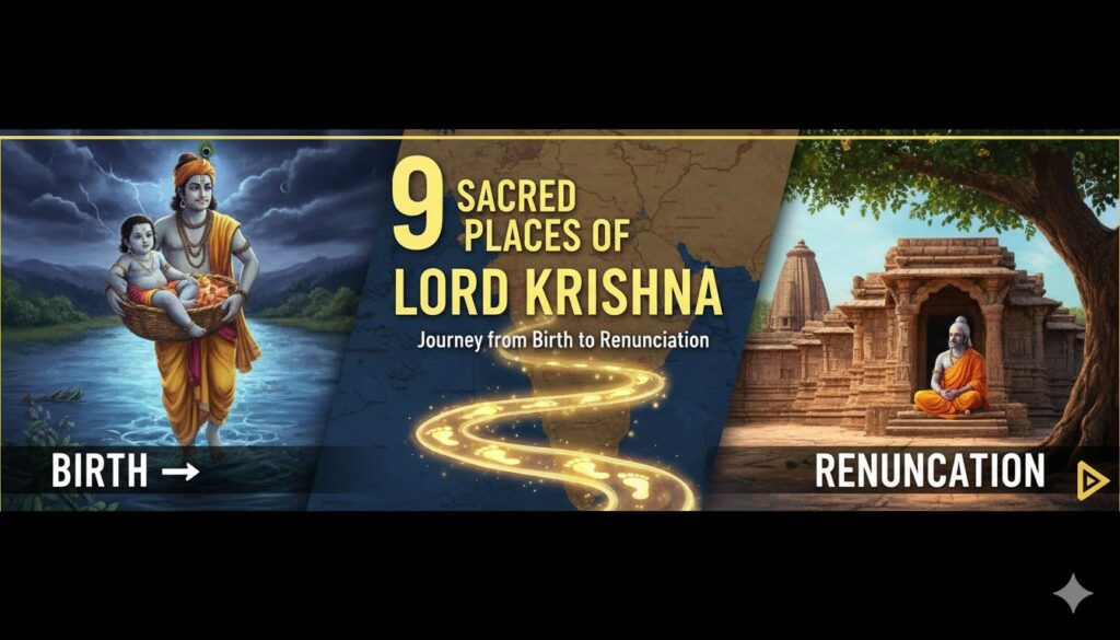 भगवान श्रीकृष्ण की दिव्य यात्रा दर्शाते 9 पवित्र स्थलों का चित्रण, मथुरा से द्वारका तक