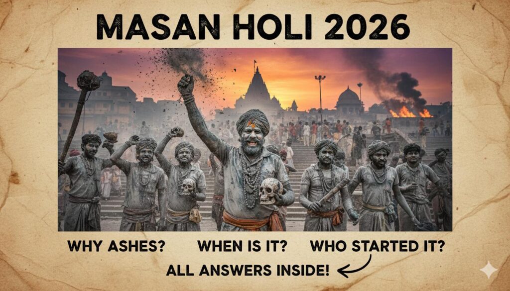 काशी के मणिकर्णिका घाट पर मसान होली 2026 में साधु चिता की राख से होली खेलते हुए, धुंआ और डमरू के साथ आध्यात्मिक माहौल