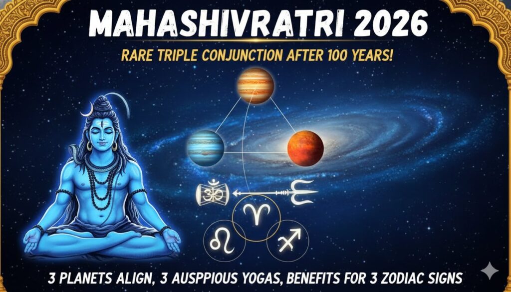 महाशिवरात्रि 2026 पर भगवान शिवलिंग की पूजा, त्रिगुण संयोग और शुभ ग्रह युति का प्रतीकात्मक चित्र