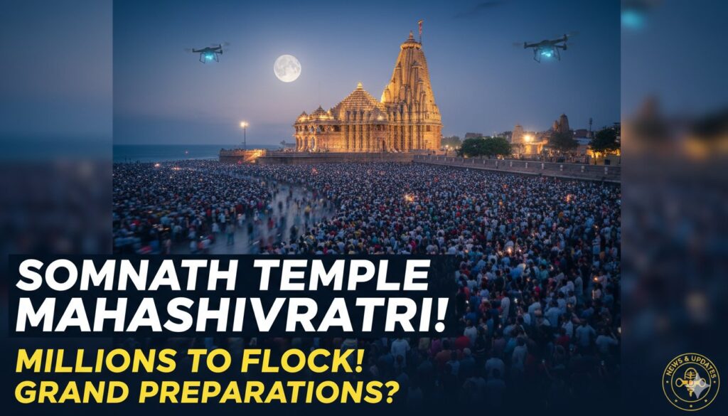 सोमनाथ मंदिर में महाशिवरात्रि 2026 के दौरान भक्तों की भीड़ और भव्य सजावट का दृश्य