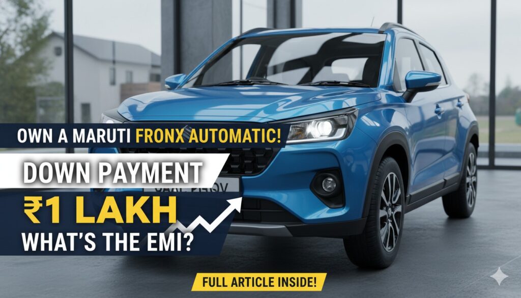 मारुति फ्रॉन्क्स ऑटोमैटिक वेरिएंट की साइड व्यू, नीला कलर में दिखाई गई कार