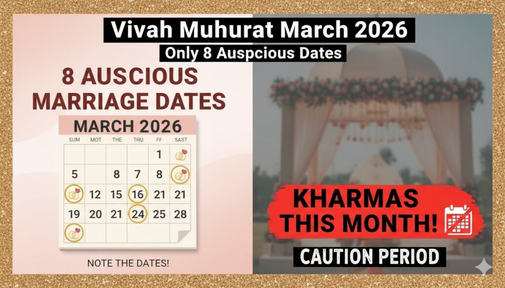 मार्च 2026 विवाह मुहूर्त कैलेंडर दिखाता हुआ ग्राफिक जिसमें शुभ तिथियां और नक्षत्र हाइलाइटेड हैं