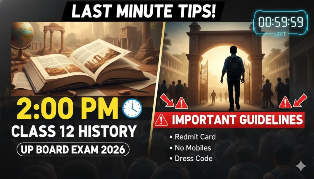 यूपी बोर्ड 12वीं इतिहास परीक्षा 2026 केंद्र पर छात्र एडमिट कार्ड दिखाते हुए