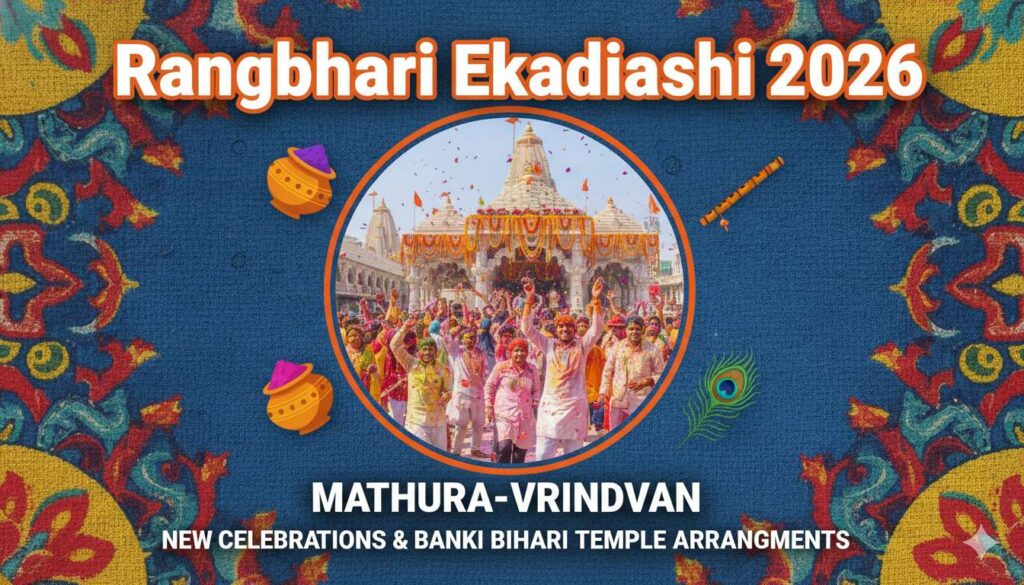 वृंदावन के बांके बिहारी मंदिर में रंगभरी एकादशी 2026 पर फूलों से होली खेलते भक्त और ठाकुर जी की सजावट