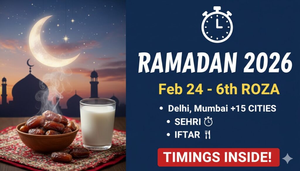 रमजान 2026 में सहरी और इफ्तार का समय दिखाता ग्राफिक, दिल्ली मुंबई सहित प्रमुख शहरों के साथ