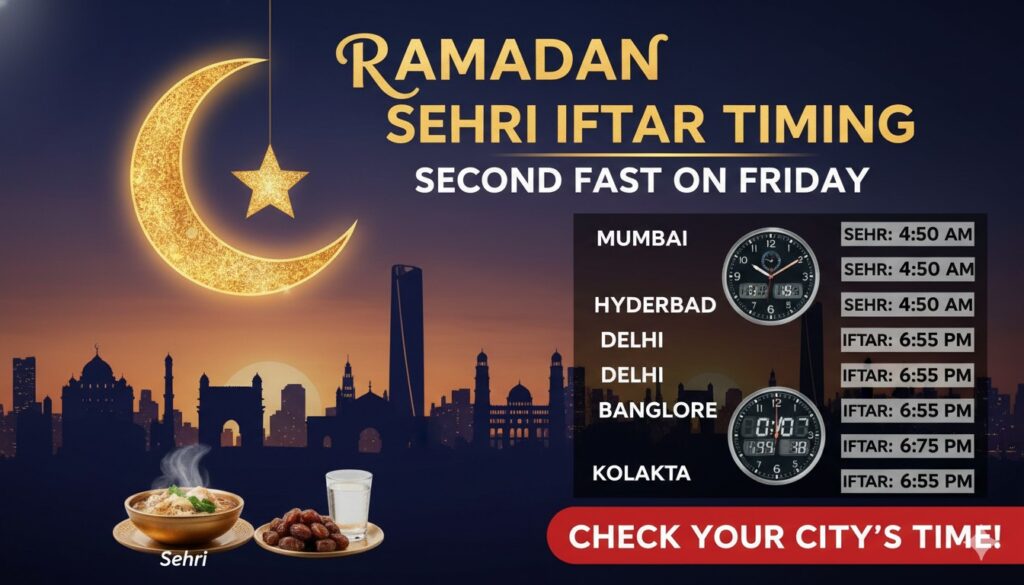 रमजान सहरी और इफ्तार का समय दिखाता ग्राफिक, मुंबई और हैदराबाद शहरों के साथ
