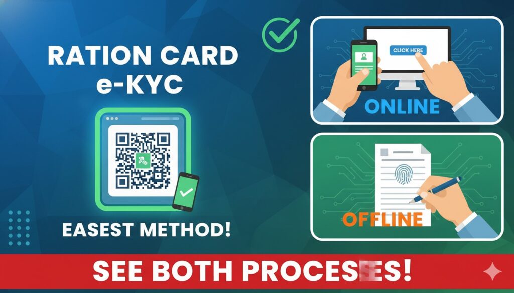 राशन कार्ड ई-केवाईसी की सरल ऑनलाइन और ऑफलाइन प्रक्रिया दर्शाती छवि