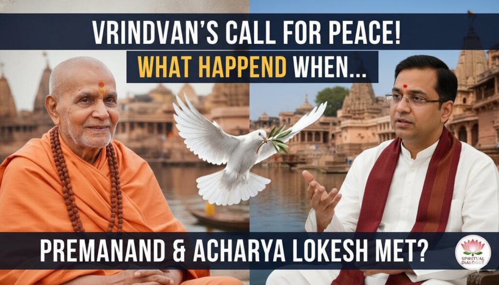 प्रेमानंद महाराज और आचार्य लोकेश मुनि की वृंदावन में मुलाकात की छवि