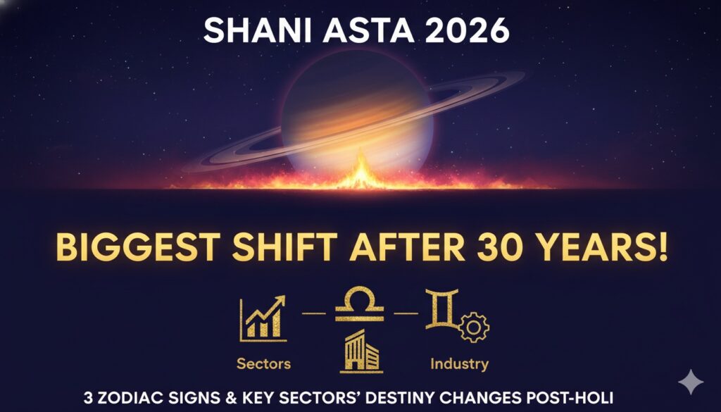 शनि देव की अस्त स्थिति दर्शाती ग्राफिक इमेज, मीन राशि में शनि के साथ ज्योतिषीय प्रतीक