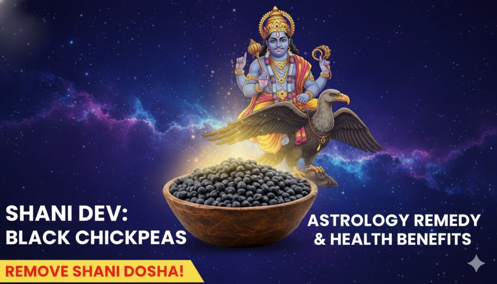 शनि देव की मूर्ति के साथ काले चने का भोग