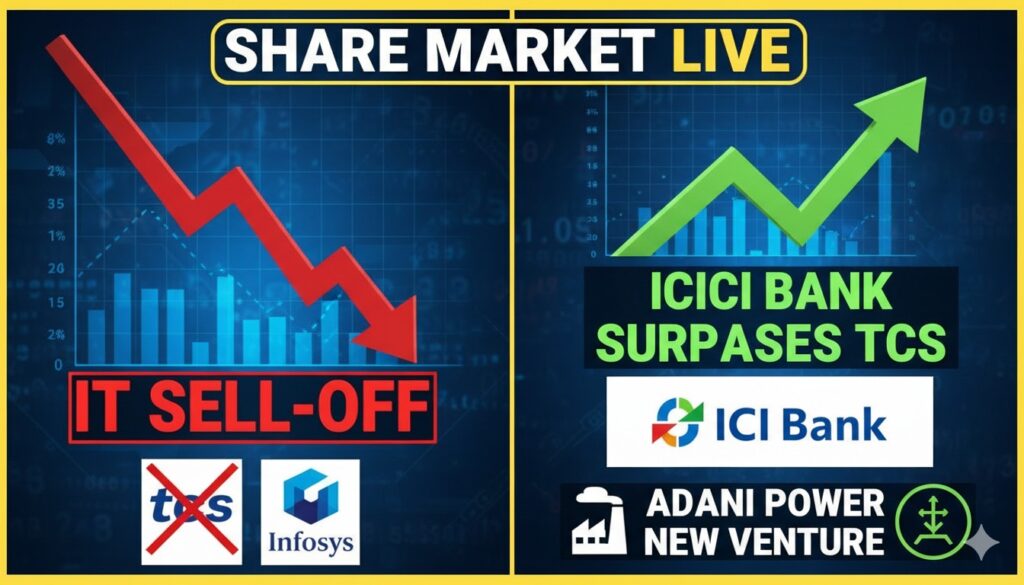 भारतीय शेयर बाजार में IT सेक्टर की गिरावट, TCS और ICICI बैंक के शेयर प्राइस ग्राफ के साथ Sensex Nifty चार्ट