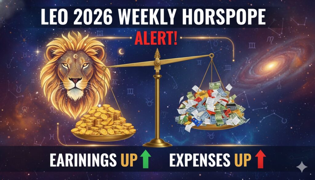 सिंह राशि का साप्ताहिक राशिफल 2026 दिखाता हुआ ग्राफिक जिसमें कमाई और खर्च का बैलेंस दिख रहा है