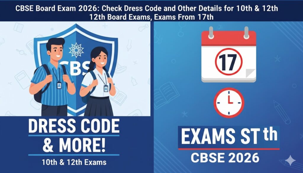 सीबीएसई बोर्ड परीक्षा 2026 के छात्र परीक्षा केंद्र में प्रवेश करते हुए, ड्रेस कोड और एडमिट कार्ड के साथ