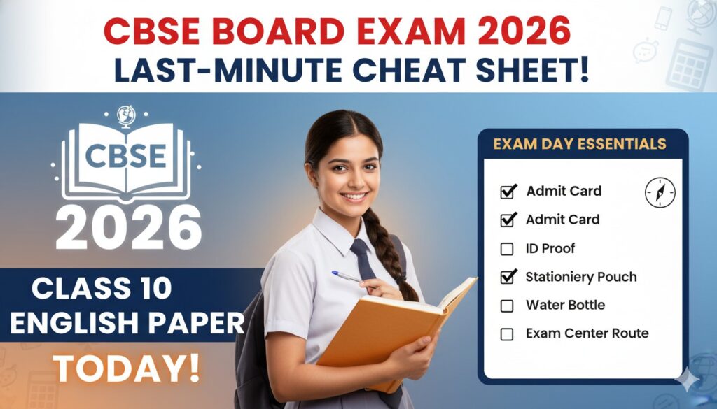 सीबीएसई कक्षा 10वीं अंग्रेजी बोर्ड परीक्षा 2026 के दौरान छात्र परीक्षा केंद्र पर एडमिट कार्ड दिखाते हुए