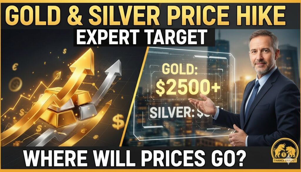 सोने और चांदी के बढ़ते दामों का ग्राफ दिखाता हुआ इमेज, जिसमें एक्सपर्ट टारगेट प्राइस हाइलाइटेड है