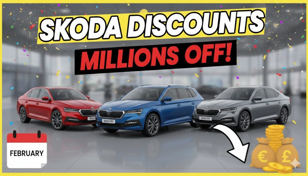 स्कोडा कारों पर फरवरी 2026 में मिल रहे लाखों रुपये के डिस्काउंट ऑफर्स दिखाती इमेज, Kushaq, Slavia, Kodiaq और Kylaq मॉडल्स के साथ