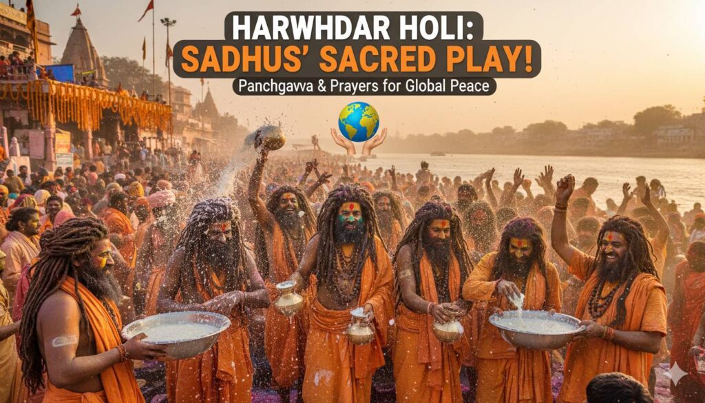 हरिद्वार मायादेवी मंदिर में साधु-संत पंचगव्य से होली खेलते हुए, रंगभरी एकादशी 2026