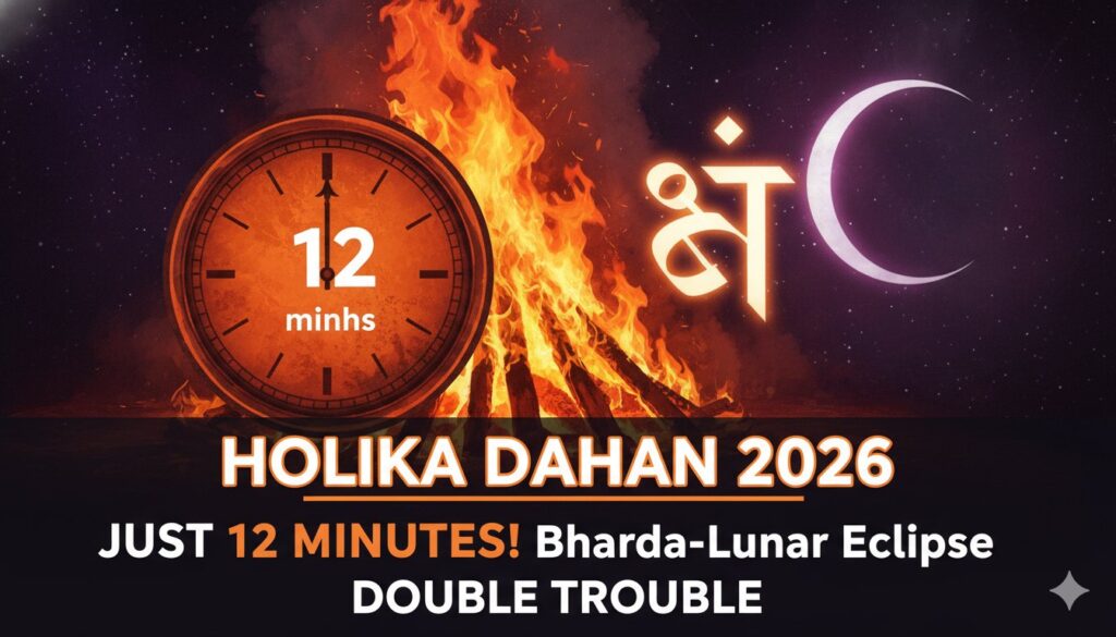 होलिका दहन की जलती हुई आग और चंद्र ग्रहण का दृश्य