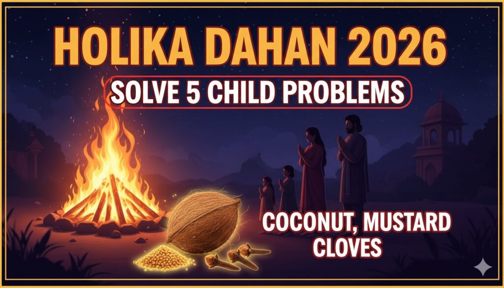 होलिका दहन की अग्नि में नारियल, सरसों और लौंग अर्पित करते दंपति, संतान सुख के लिए पारंपरिक उपाय