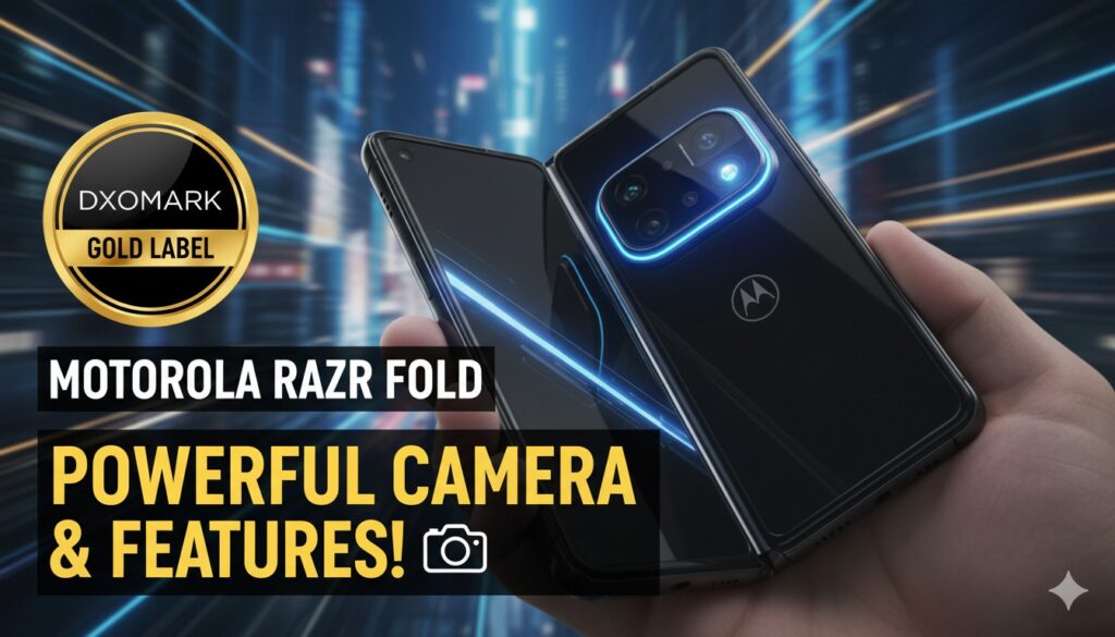 Motorola Razr Fold फोल्डेबल स्मार्टफोन DXOMARK गोल्ड लेबल के साथ ट्रिपल 50MP कैमरा सेटअप दिखाते हुए