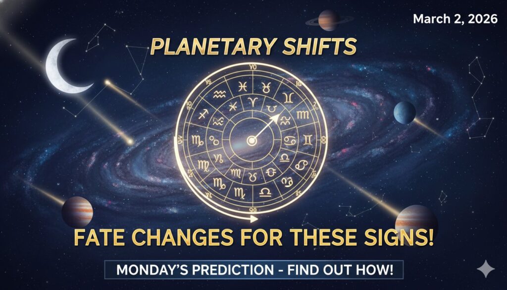 2 मार्च 2026 का राशिफल दिखाते हुए ग्रहों की चाल और 12 राशियों का चित्रण