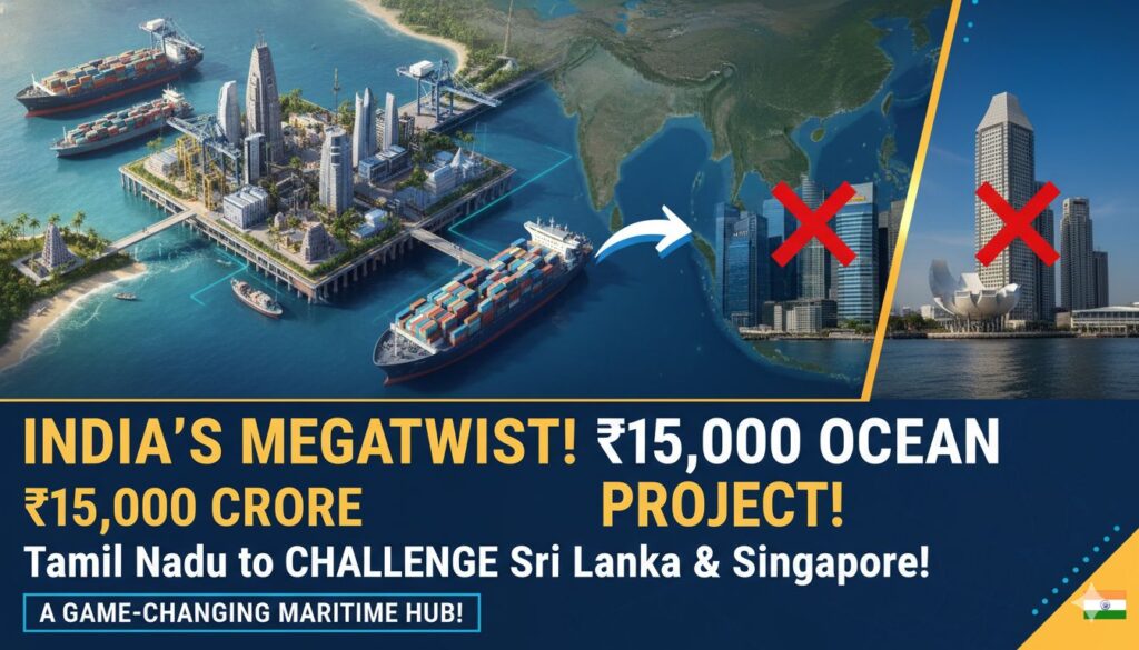 वीओ चिदंबरनार बंदरगाह का आउटर हार्बर प्रोजेक्ट का कलात्मक चित्रण, समुद्र में बड़े जहाज और विकास कार्य दिखाते हुए