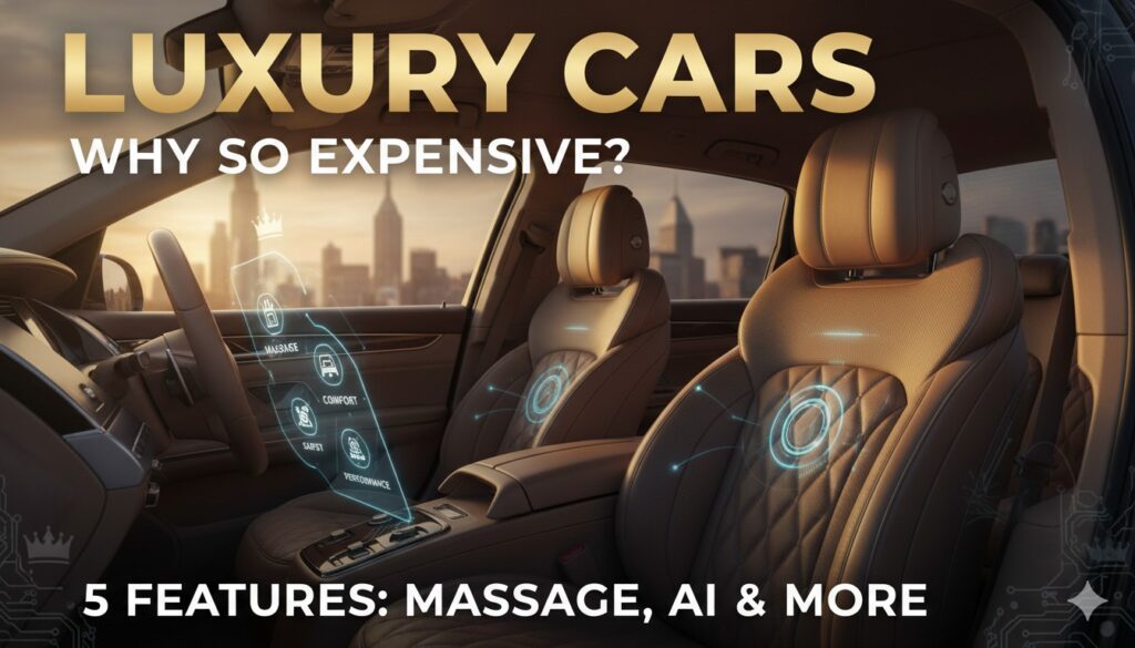 लग्जरी कार का इंटीरियर जिसमें मसाज सीट्स, एम्बिएंट लाइटिंग और AI डिस्प्ले दिखाई दे रहा है