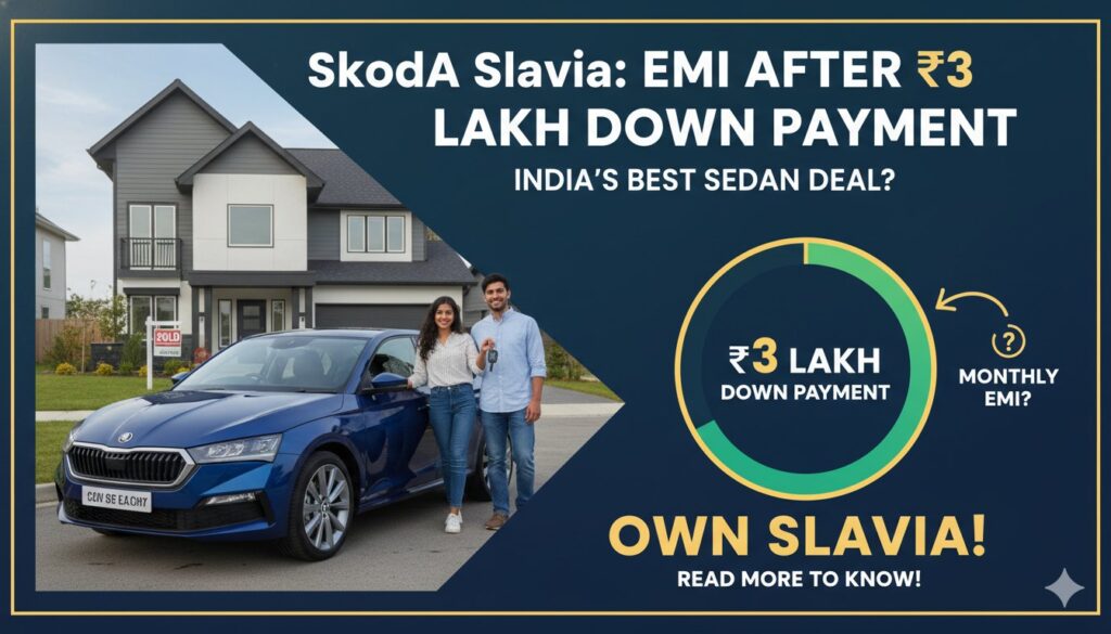 स्कोडा स्लाविया बेस वेरिएंट Classic 1.0 TSI MT की फ्रंट प्रोफाइल, EMI और डाउन पेमेंट डिटेल्स के साथ