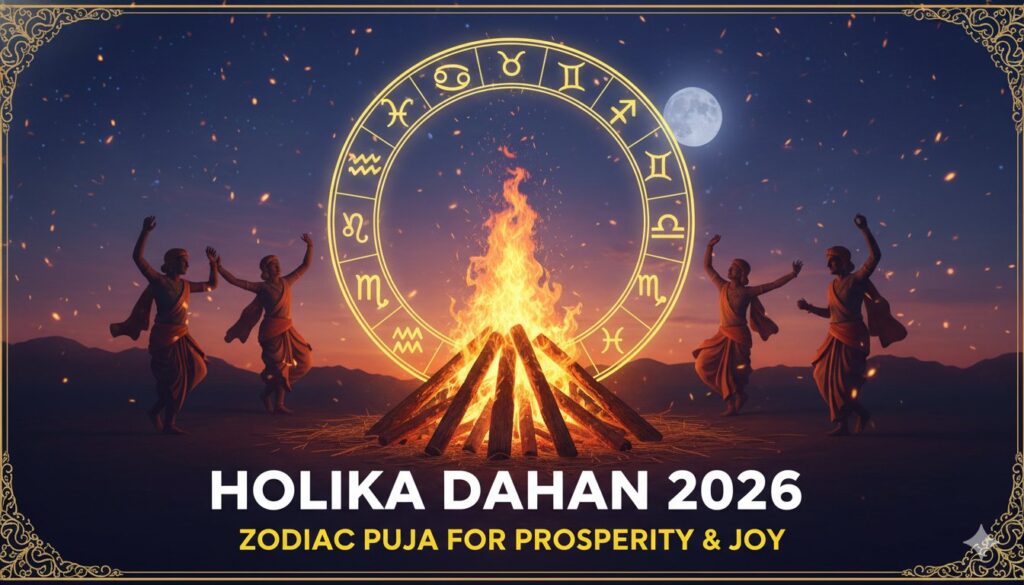 होलिका दहन की जलती अग्नि में राशि अनुसार पूजा करते लोग, 2026 में सुख-समृद्धि के लिए उपाय