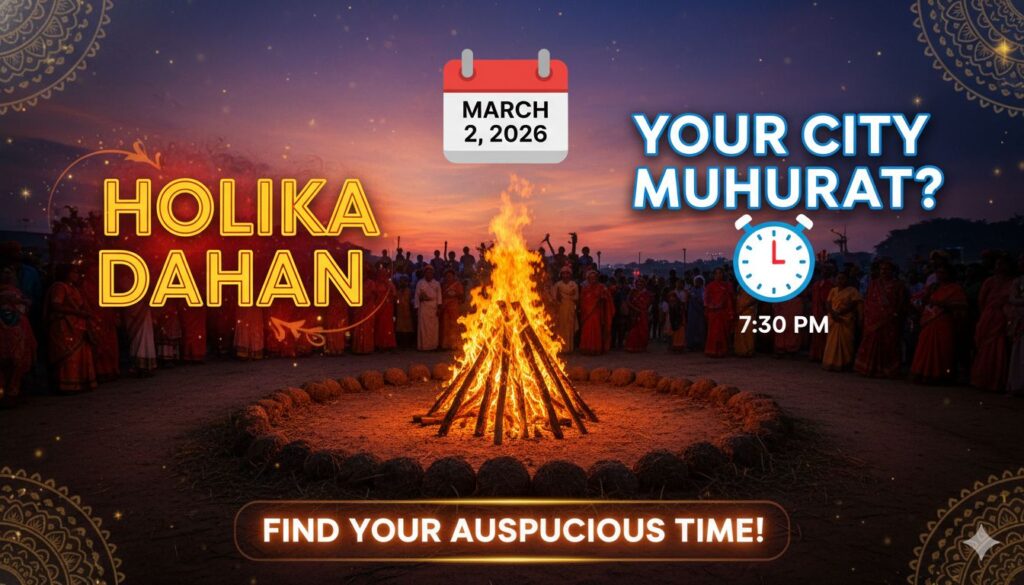 होलिका दहन की जलती आग के साथ लोग परिक्रमा करते हुए, 2026 में शुभ मुहूर्त के दौरान का दृश्य